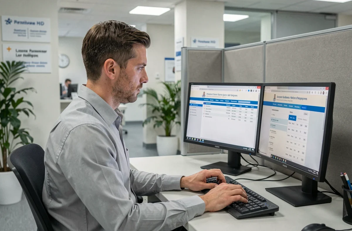 Employé administratif hospitalier effectuant une mise à jour du numéro RPPS sur un poste informatique dans un bureau de santé