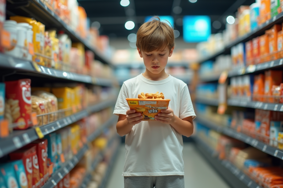 Adolescent examinant un snack dans un rayon de supermarche