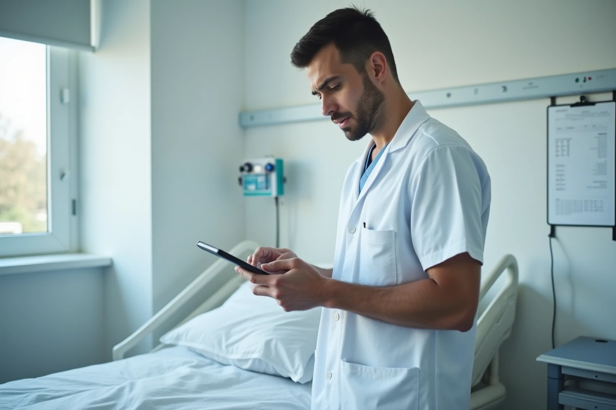 Aide-soignant en blanc &agrave; c&ocirc;t&eacute; du lit du patient