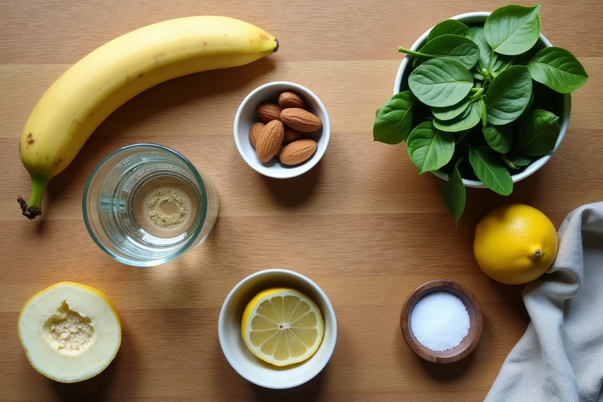 Vue aérienne d'aliments riches en magnésium et potassium pour prévenir les crampes nocturnes dans les jambes