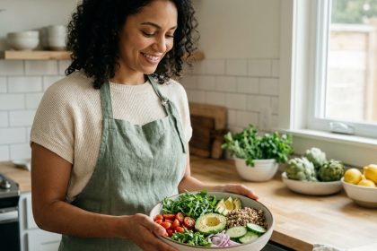 Femme préparant une salade colorée et équilibrée dans une cuisine moderne en bois et carrelage blanc
