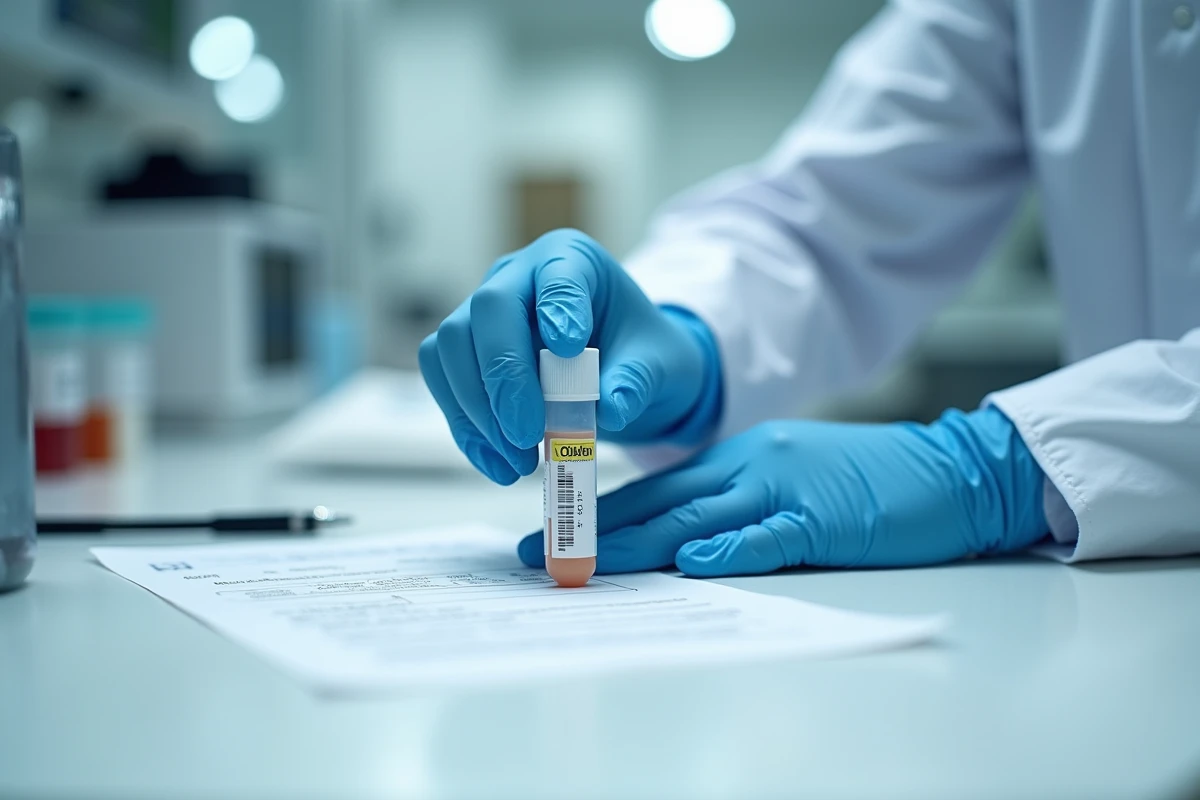 Mains gantées d'un urologue tenant un flacon d'analyse d'urine dans un laboratoire médical hospitalier