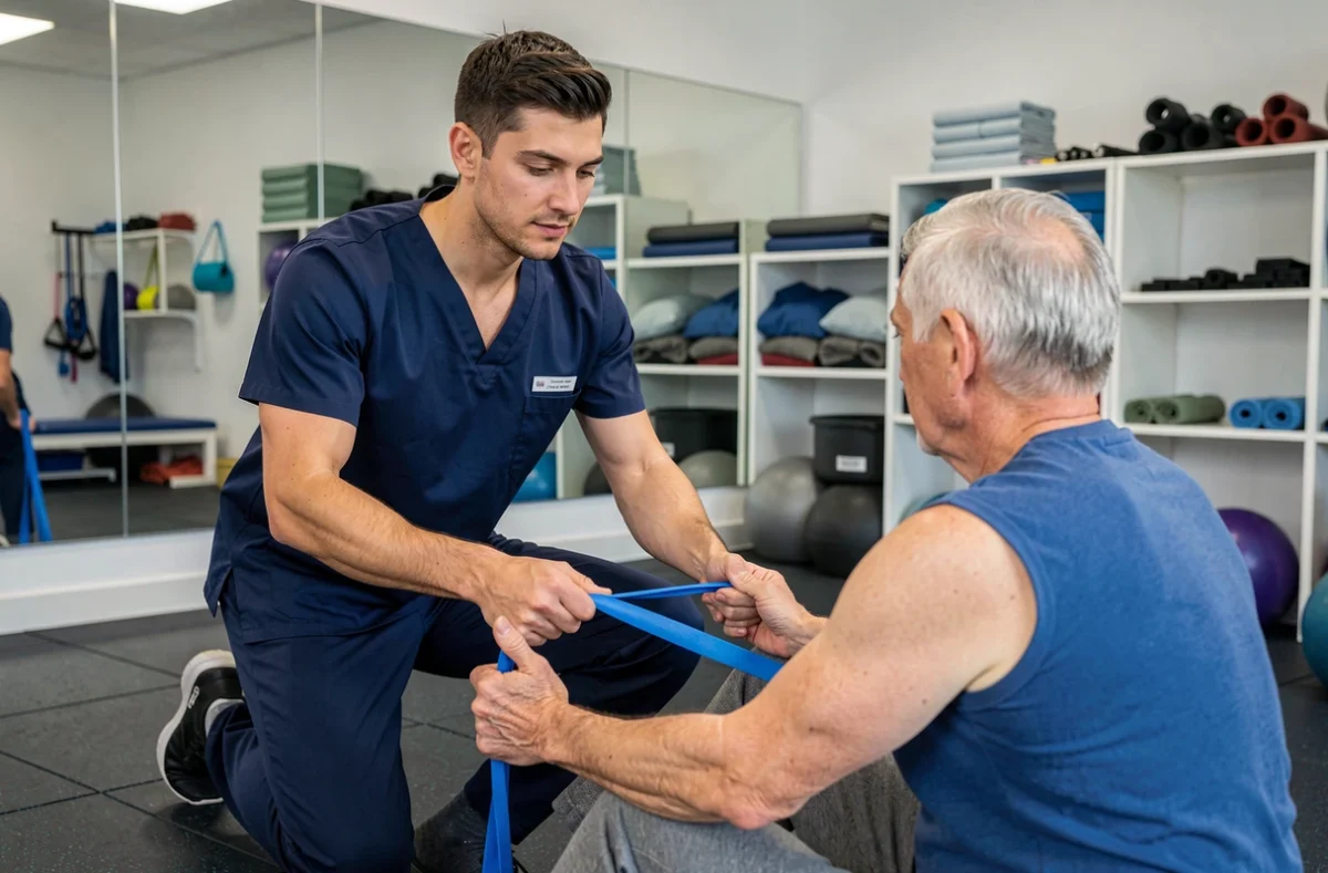 Kinésithérapeute homme guidant un patient dans un exercice de rééducation du genou à Neuville-sur-Oise