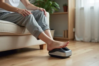 Femme utilisant un appareil de massage des pieds électrique pour soulager la fasciite plantaire dans son salon