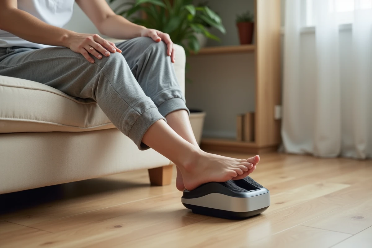 Femme utilisant un appareil de massage des pieds électrique pour soulager la fasciite plantaire dans son salon