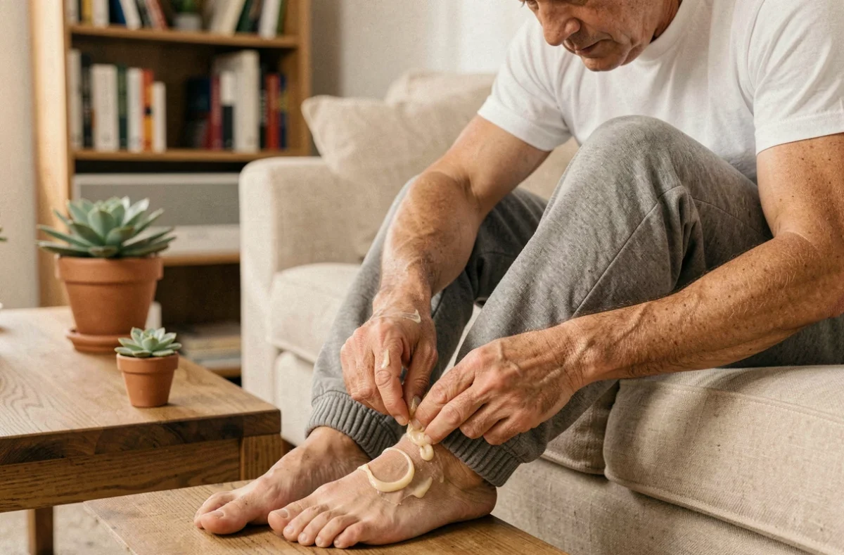 Homme appliquant du beurre de karité sur ses ongles de pieds pour les ramollir de façon naturelle à la maison