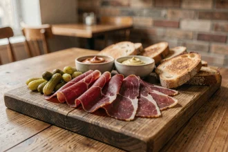Assiette de viande des grisons tranchée finement au restaurant, servie sur une planche en bois rustique avec cornichons et moutarde