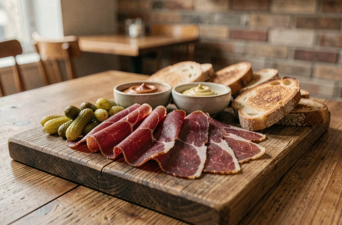 Assiette de viande des grisons tranchée finement au restaurant, servie sur une planche en bois rustique avec cornichons et moutarde