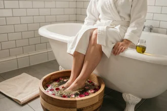 Femme qui fait tremper ses pieds dans un bain de pieds en bois avec des pétales de rose pour ramollir les ongles naturellement