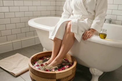 Femme qui fait tremper ses pieds dans un bain de pieds en bois avec des pétales de rose pour ramollir les ongles naturellement