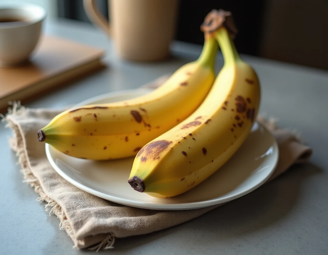 Deux bananes à des stades de maturité opposés sur une assiette blanche, montrant l'impact de la maturité sur les calories