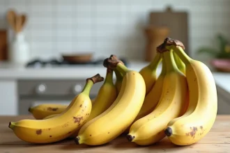 Trois bananes de tailles différentes côte à côte sur une table en bois, illustrant la variation des calories selon la taille