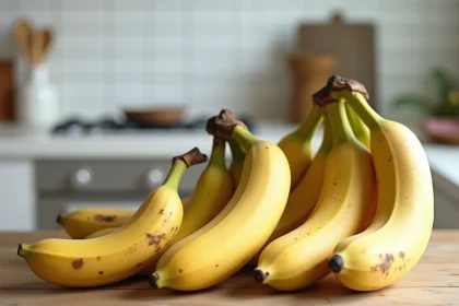 Trois bananes de tailles différentes côte à côte sur une table en bois, illustrant la variation des calories selon la taille