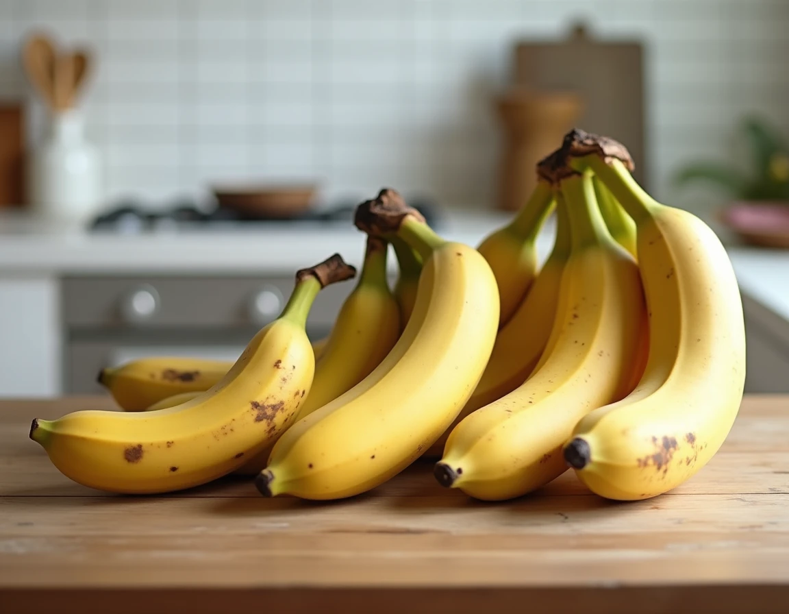 Trois bananes de tailles différentes côte à côte sur une table en bois, illustrant la variation des calories selon la taille