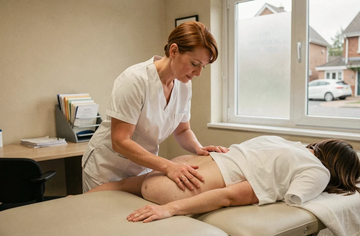 Kinésithérapeute femme réalisant une thérapie manuelle lombaire sur un patient à Pontoise