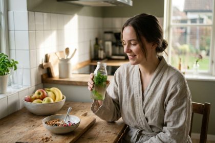 Jeune femme en robe de lin tenant une boisson énergétique naturelle au petit-déjeuner dans une cuisine scandinave