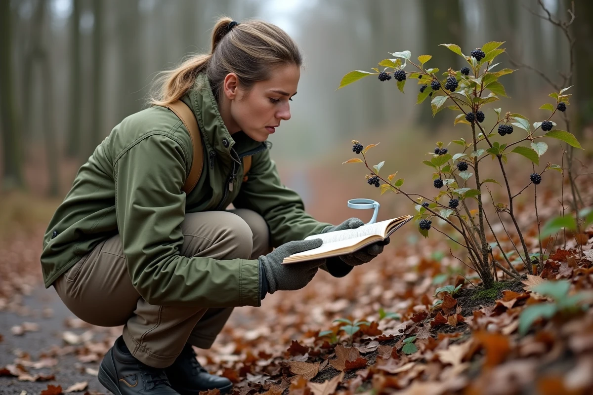 Botaniste examinant des prunelles sauvages en forêt avec une loupe et un guide d'identification, précautions lors des balades naturelles
