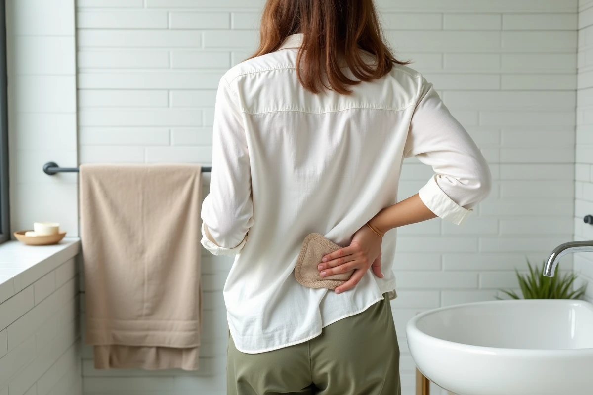 Femme appliquant une bouillotte sur le bas du dos côté droit dans une salle de bain pour soulager une douleur dorsale