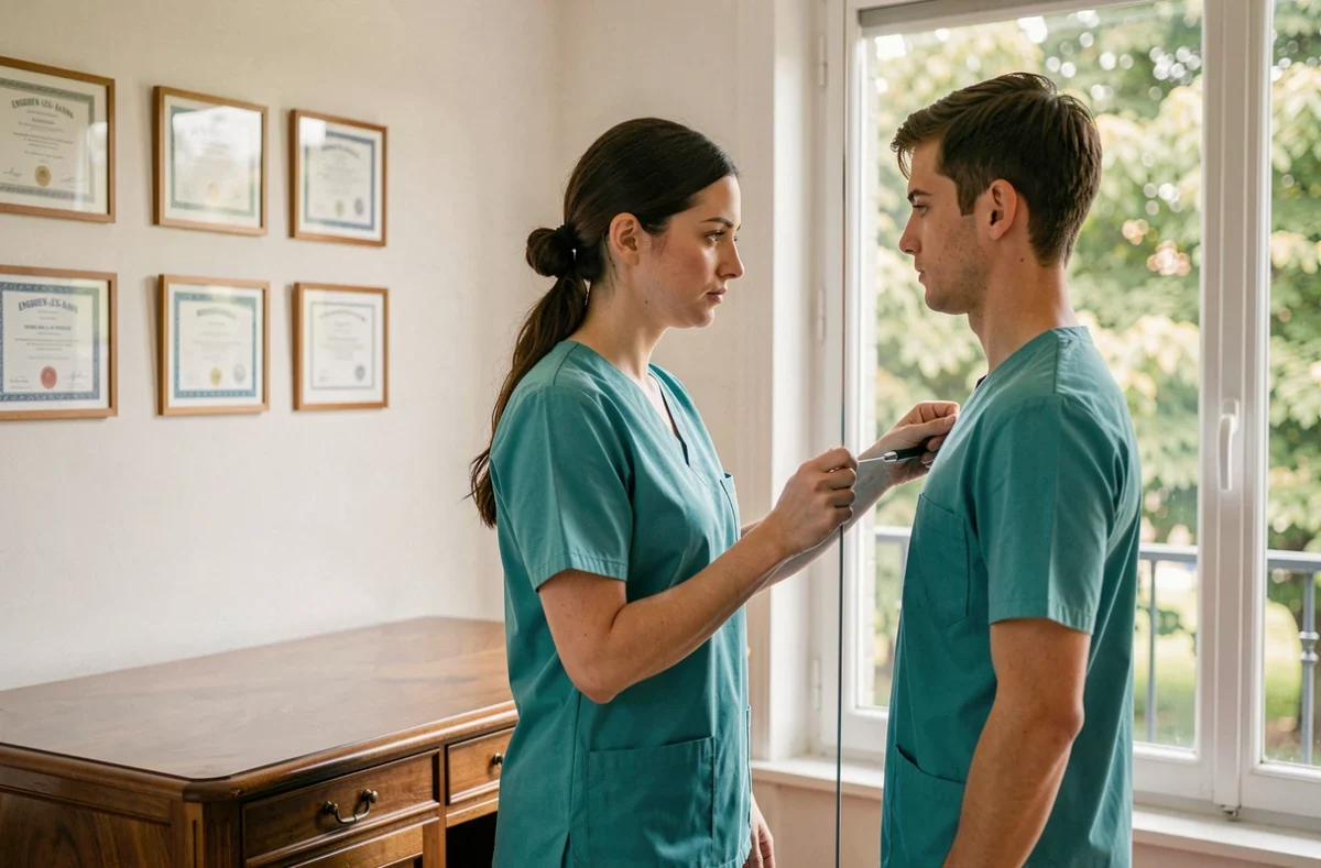 Kinésithérapeute femme réalisant un bilan postural sur un patient dans un cabinet à Enghien-les-Bains
