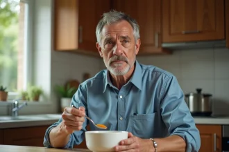 Homme atteint d'un cancer de la mâchoire mangeant une soupe mixée à la maison, illustrant les défis alimentaires quotidiens