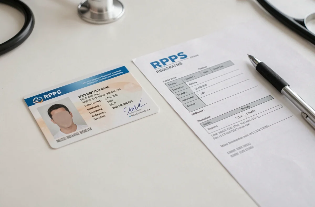 Carte professionnelle de santé et formulaire RPPS posés sur un bureau, illustrant la transition administrative du numéro ADELI vers le RPPS