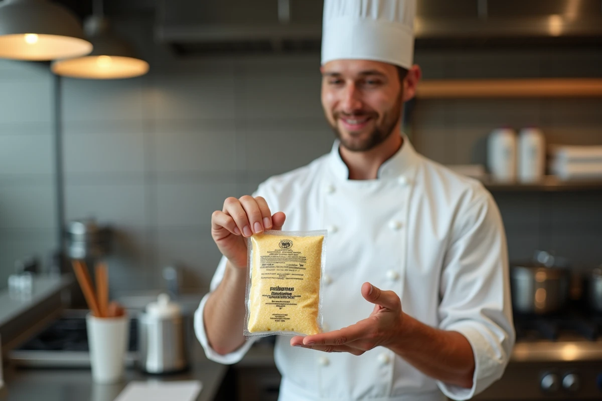 Jeune chef montrant un paquet de parmesan au comptoir
