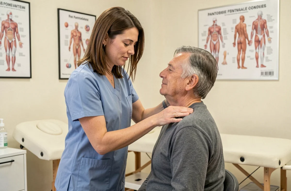 Kinésithérapeute femme effectuant une mobilisation d'épaule sur un patient dans un cabinet à Pontoise