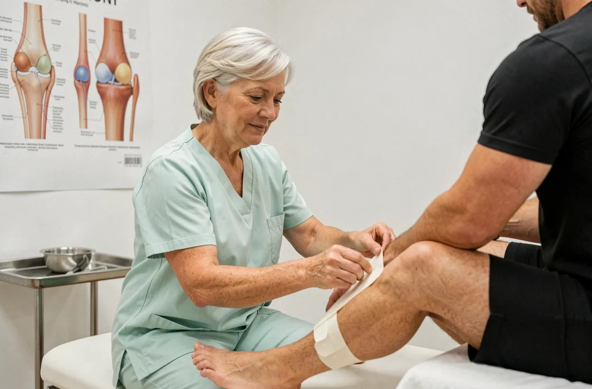 Kinésithérapeute femme appliquant du taping kinésiologique sur le genou d'un patient à Ermont
