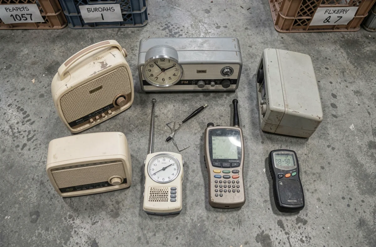 Vue aérienne de plusieurs anciennes radios et appareils électroniques usagés posés sur le sol d'un centre de tri en attente de recyclage