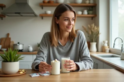 Femme comparant des gélules probiotiques, une poudre en sachet et un yaourt nature sur une table en bois
