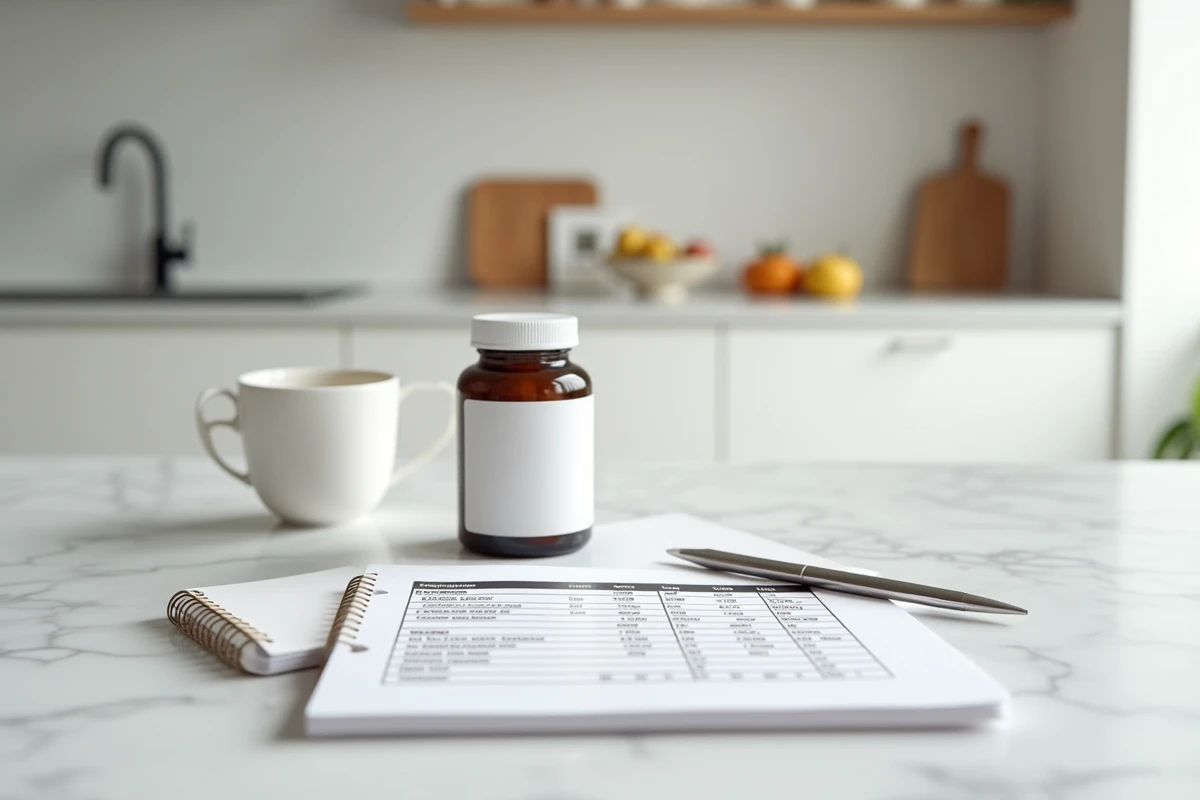 Comparaison prix et bénéfices d'un complément alimentaire Reborn21 posé sur un comptoir de cuisine avec notes nutritionnelles
