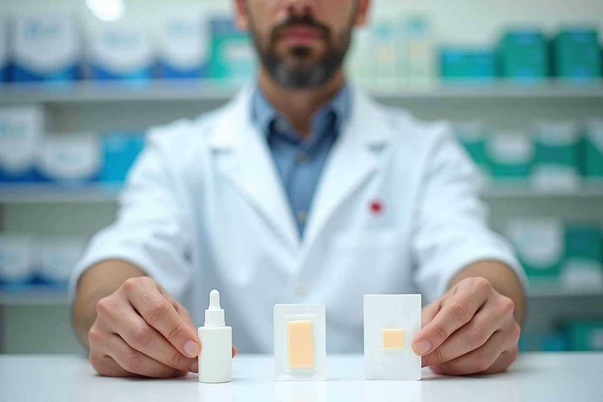 Pharmacien présentant une crème, un gel et un pansement spécial brûlure sur un comptoir de pharmacie