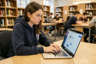 Étudiante connectée à un portail universitaire sur son ordinateur portable dans une bibliothèque universitaire moderne