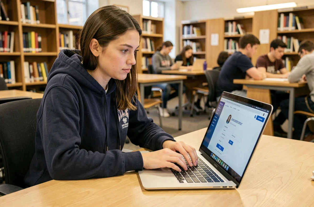 Étudiante connectée à un portail universitaire sur son ordinateur portable dans une bibliothèque universitaire moderne