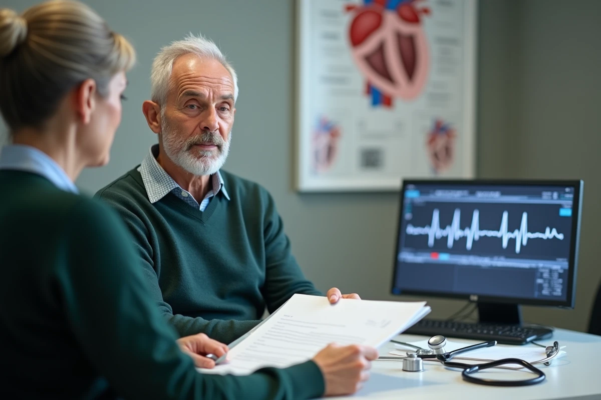 Patient senior en consultation cardiologique pour un suivi post-stent avec sa cardiologue