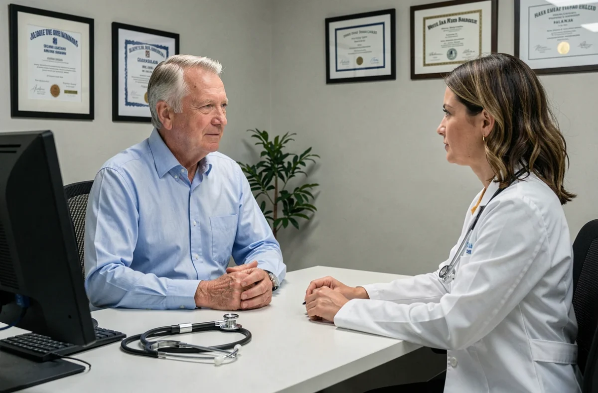 Patient âgé en consultation médicale discutant de précautions liées à un traitement avec son médecin