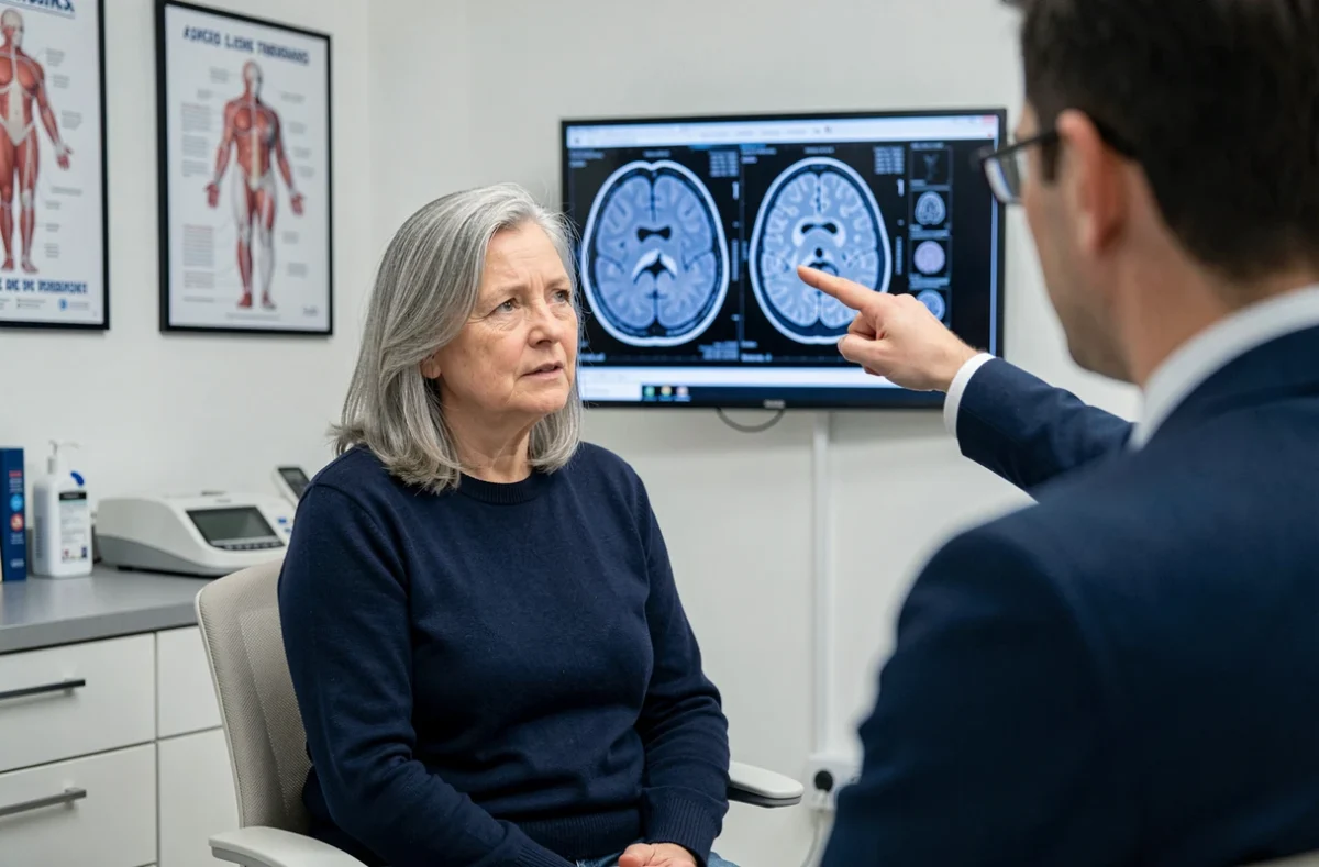 Patiente âgée lors d'une consultation neurologique face à des IRM cérébraux, illustrant le diagnostic et le suivi de la leucopathie vasculaire et ses effets sur la mémoire