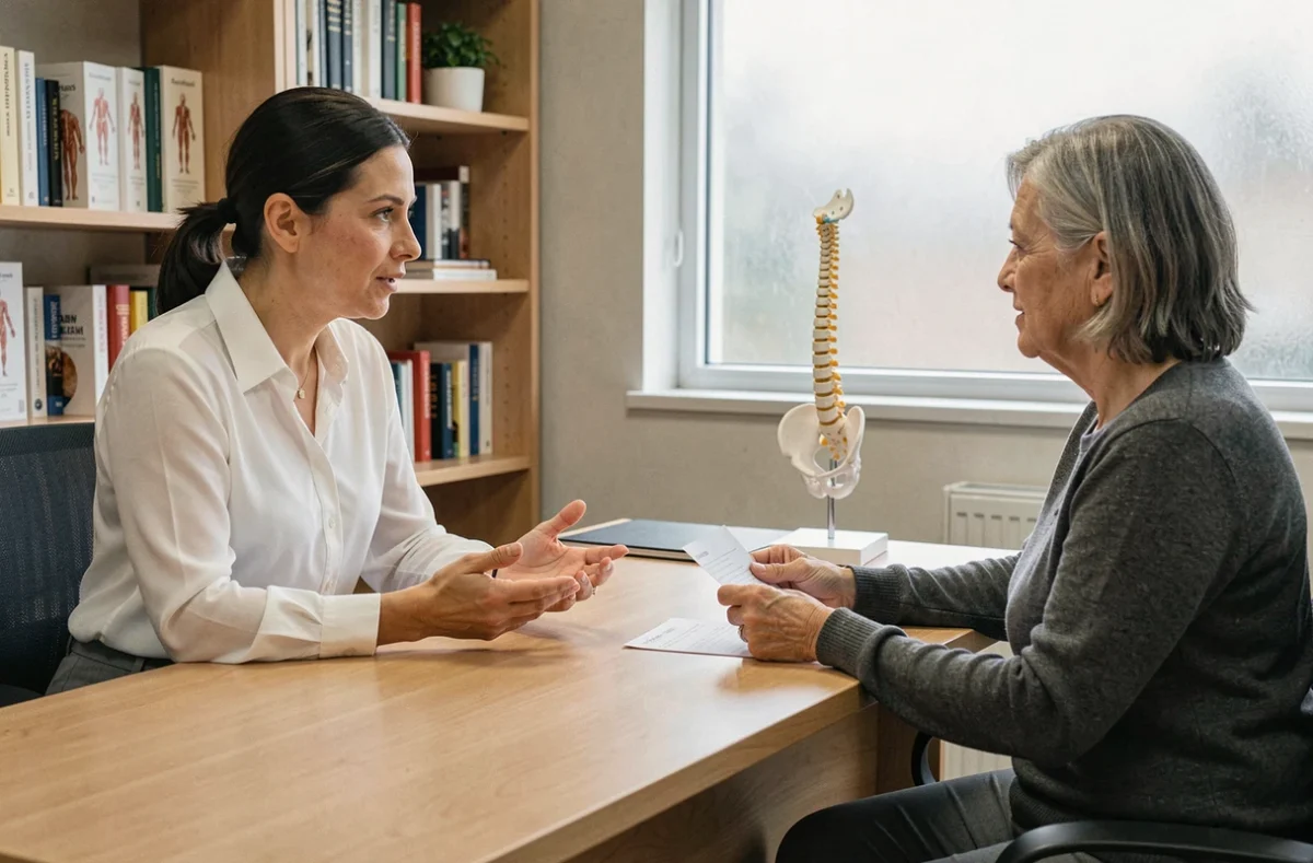 Consultation ostéopathique entre praticienne et patiente dans un cabinet professionnel