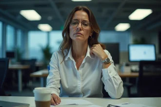 Femme stressée au bureau se tenant l'épaule à cause de contractions musculaires involontaires liées au burn-out