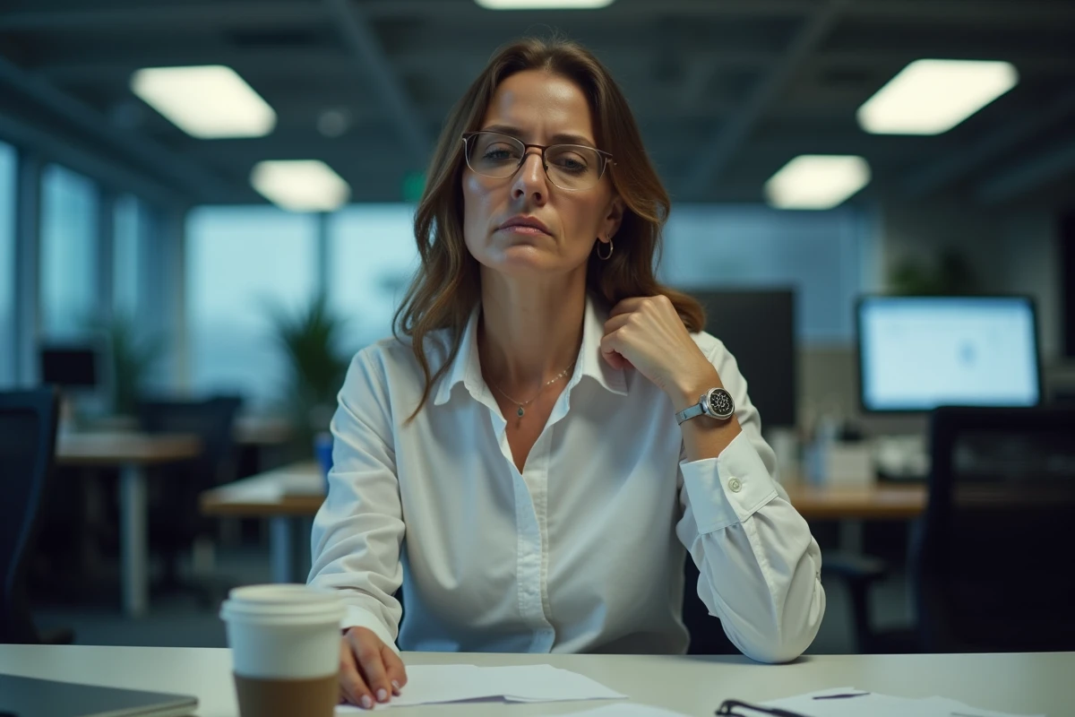 Femme stressée au bureau se tenant l'épaule à cause de contractions musculaires involontaires liées au burn-out