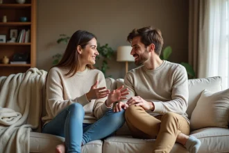Couple en conversation ouverte et détendue sur un canapé, illustrant une communication intime sans tabou entre partenaires