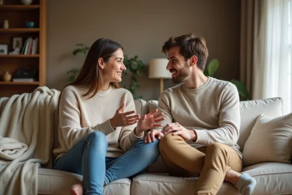 Couple en conversation ouverte et détendue sur un canapé, illustrant une communication intime sans tabou entre partenaires