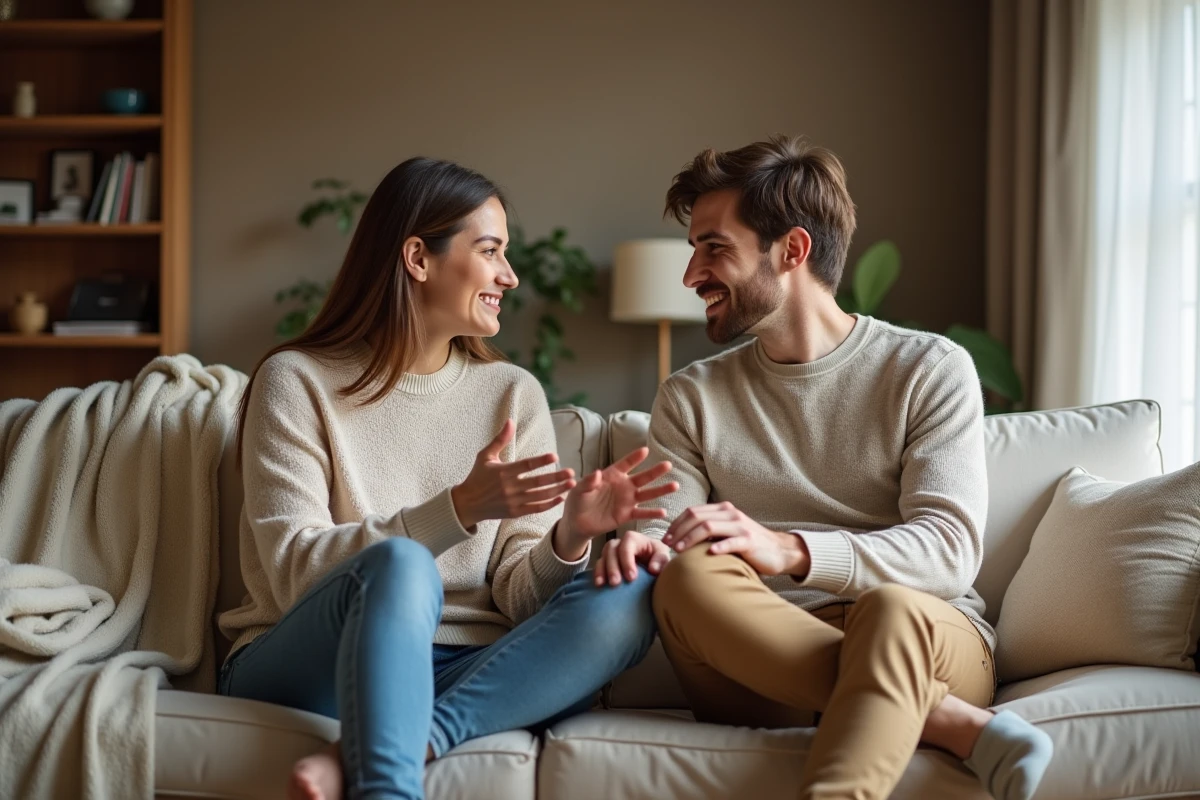 Couple en conversation ouverte et détendue sur un canapé, illustrant une communication intime sans tabou entre partenaires