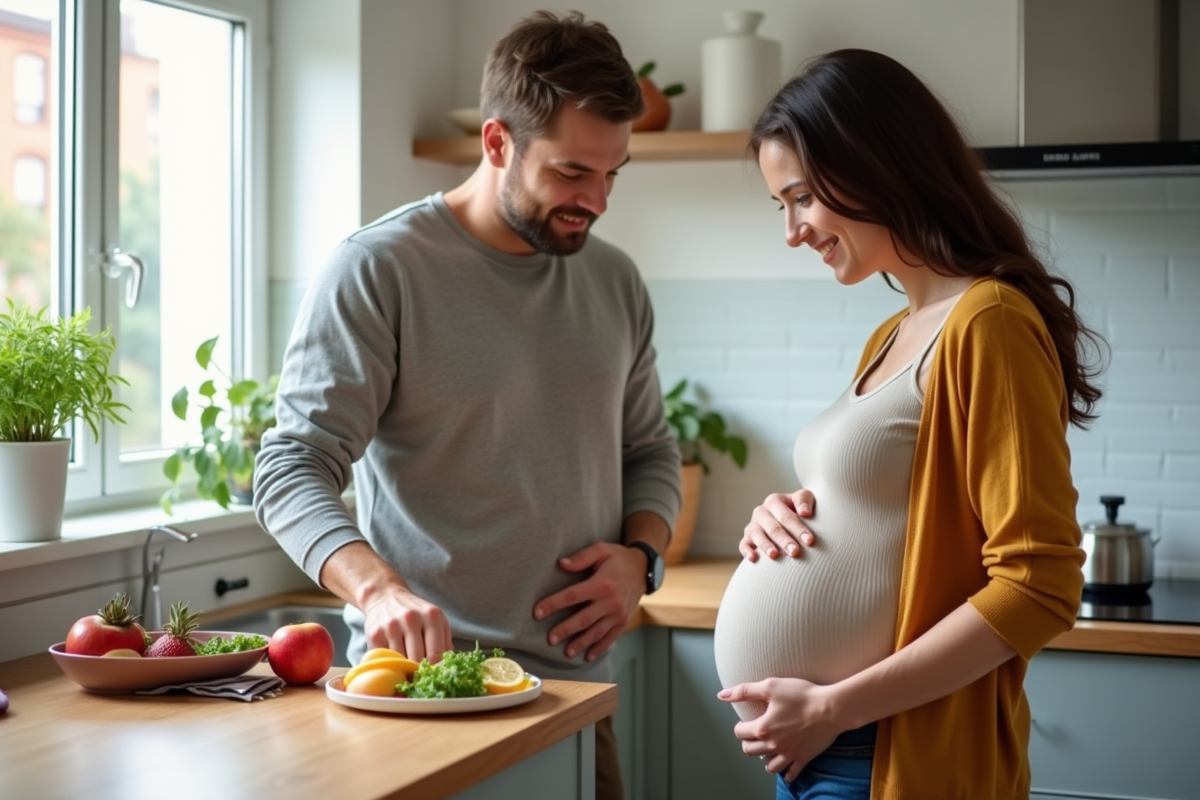 Couple préparant un snack dans la cuisine lumineuse
