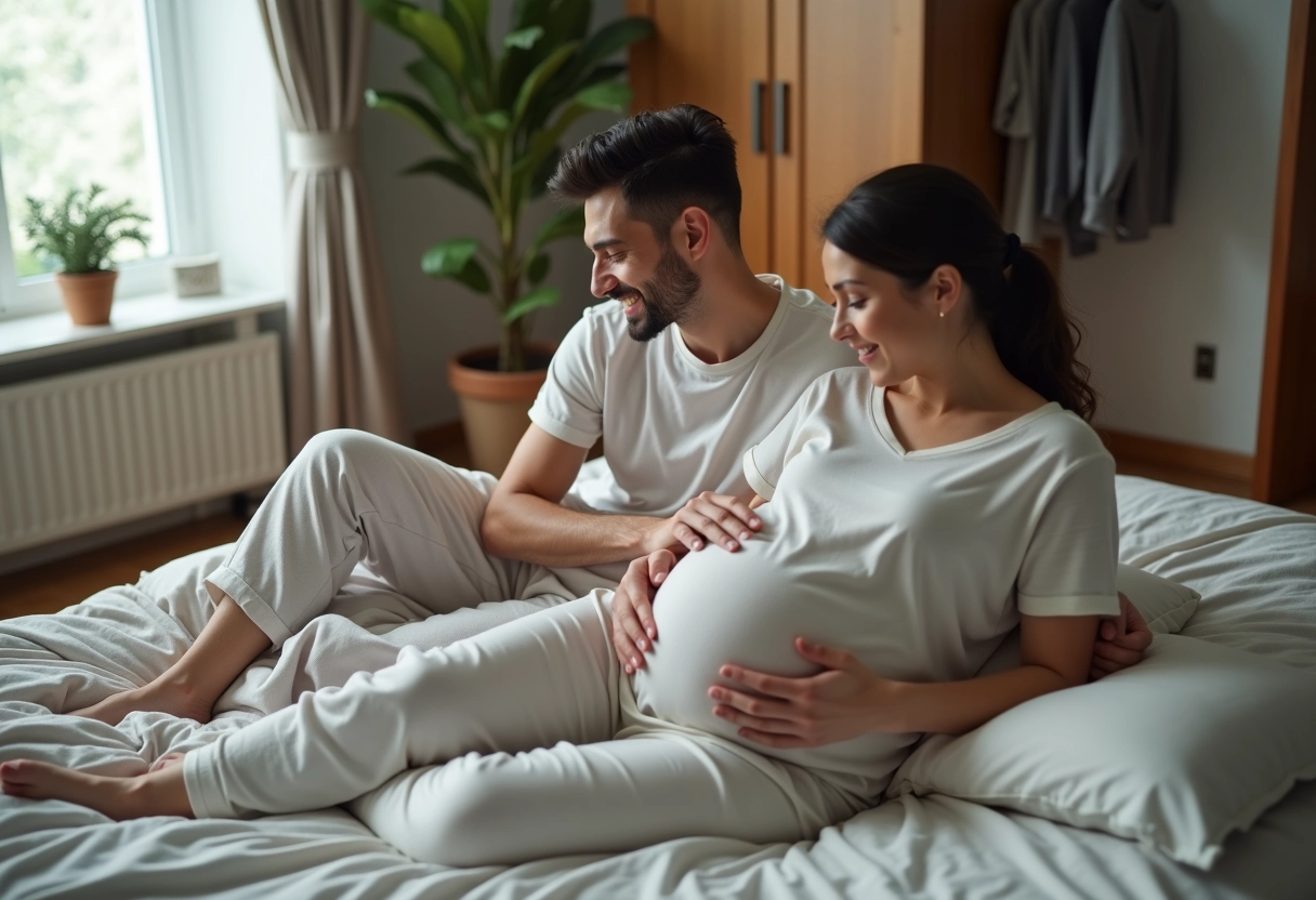 Jeune couple relaxe dans leur chambre avec femme enceinte