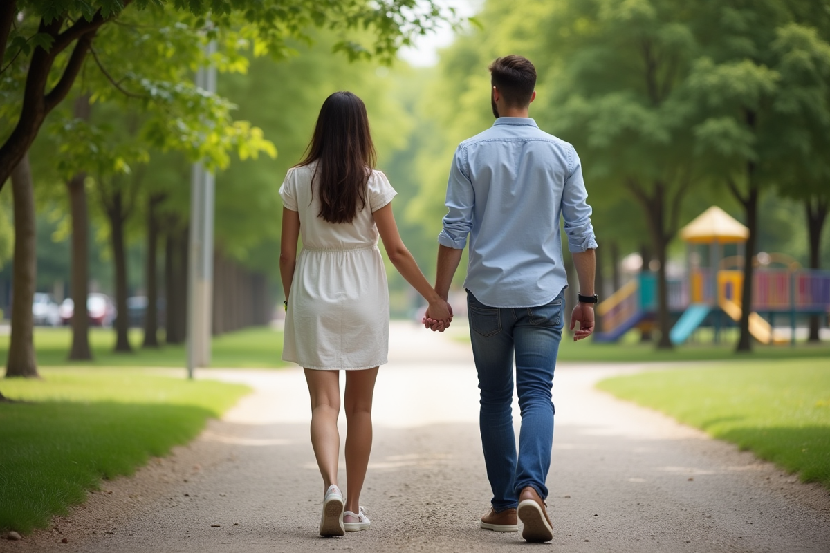 Couple enceinte marchant dans un parc urbain