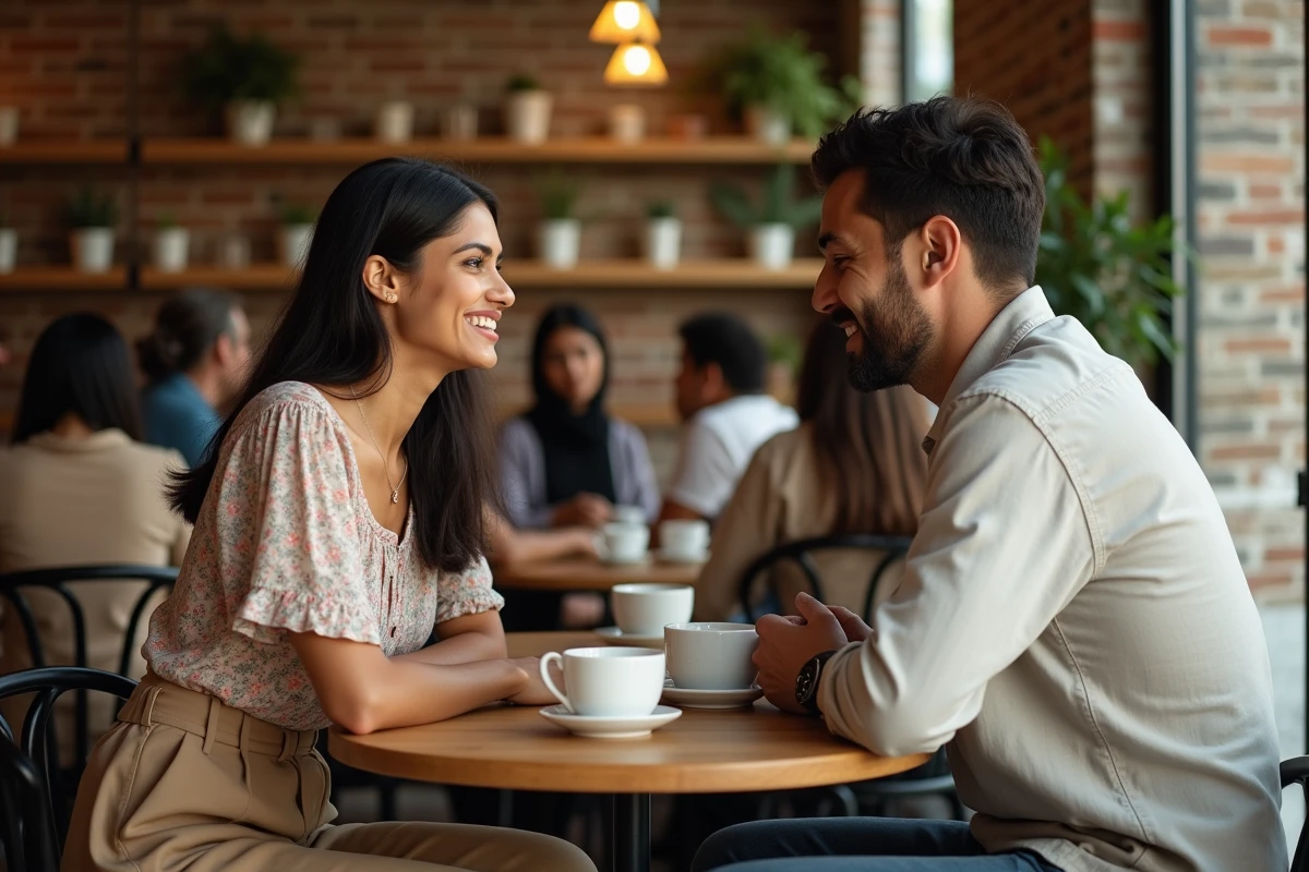Couple multiculturel engagé dans une discussion sincère dans un café, représentant la confiance et la communication ouverte en relation amoureuse