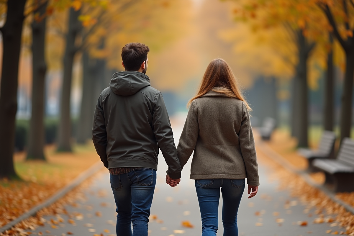 Jeune couple main dans la main dans un parc automnal