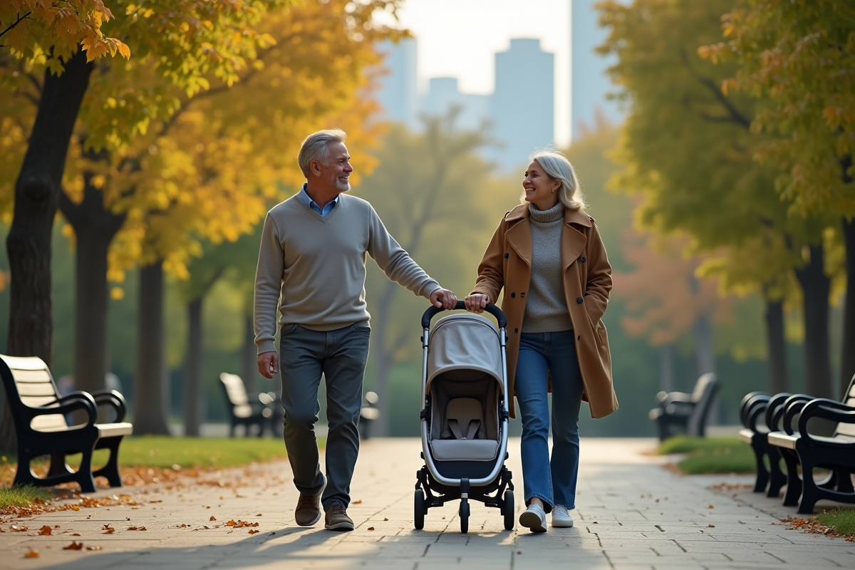 Couple souriant se promenant dans un parc urbain
