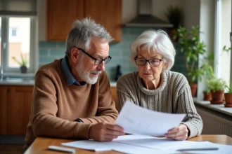Couple de retraités examinant des documents de santé dans leur cuisine
